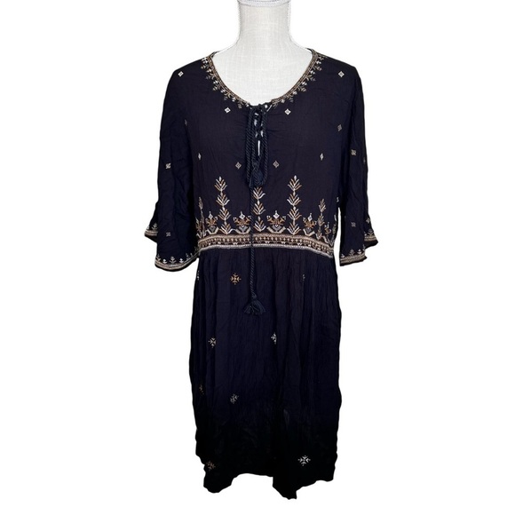 Free People Shyannez  Black Sheer Long Sleeve Western Mini Dress Size XL - Picture 2 of 10